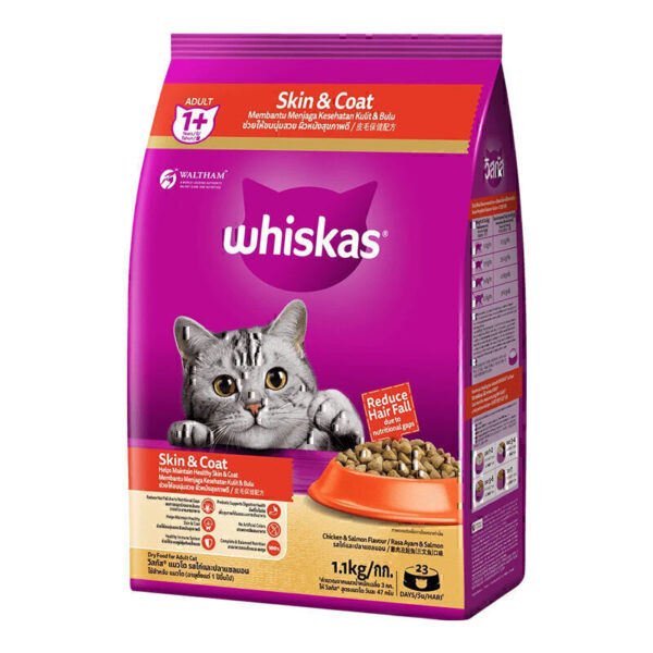 غذای خشک گربه تقویت پوست و مو ویسکاس با طعم مرغ و ماهی سالمون Whiskas Skin and Coat
